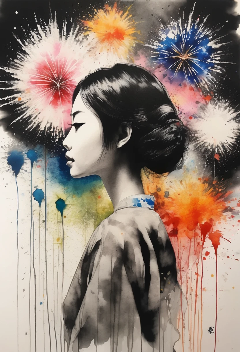 Painting of a beautiful girl looking up at fireworks、Fireworks like large flowers、Filled with love for fireworks、愛情deep、chaos、Disharmony、(Ink drawing on Japanese paper, Bleeding easily)、(絵本のようなContemporary Art) ,Dark Side Artistic、Contemporary Art、(Transparent watercolor) (Light itself is reality) (Soft layer,Colorful colors、lots of colors) (shades of paint dissolved thinly with water) (deep, Delicate colors) paint (draw) In black and white:1.4、Masterpiece、Highest quality、