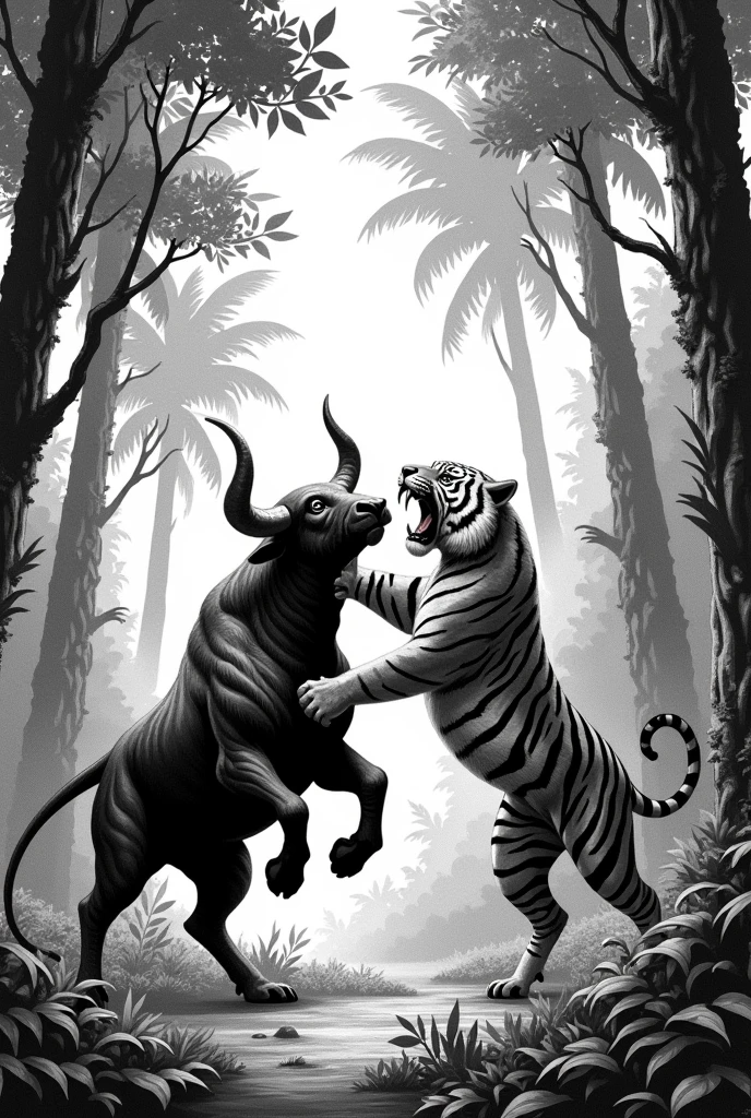 stippling white and black image of javanese bull fighting with tiger in forest