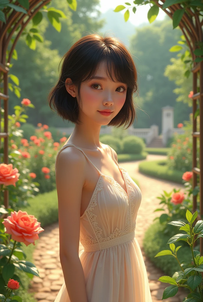 Short haired girl, fair skin wearing a sun dress in a garden