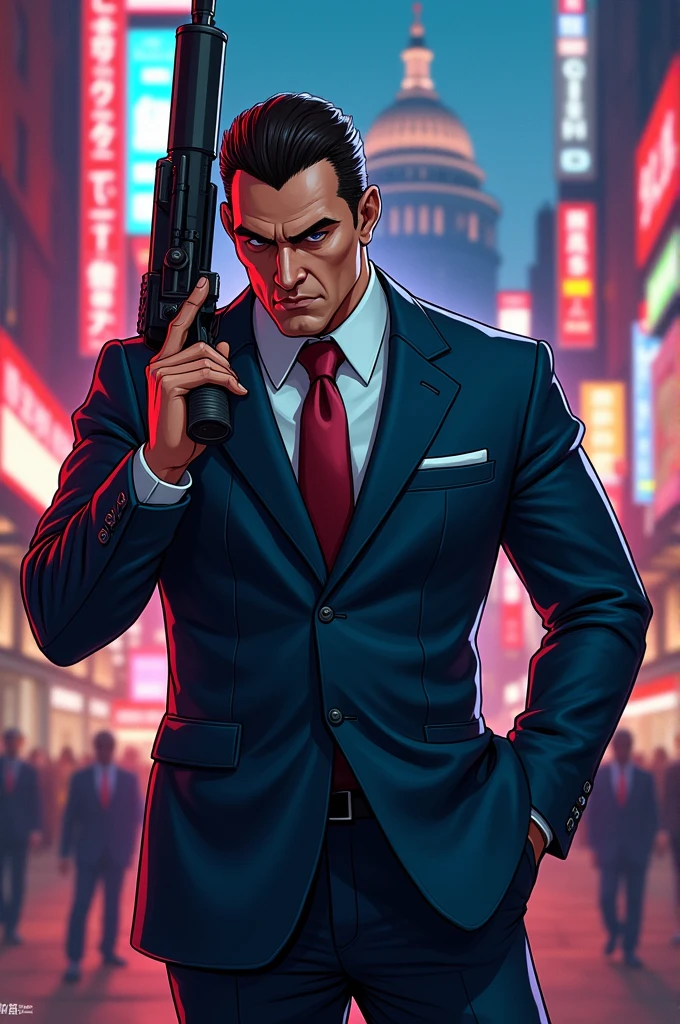 A Hitman about to assassin the prime minister in GTA 5 
.make it like cartoon just like in GTA V 