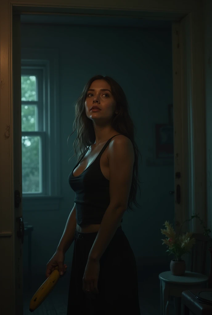 Bunky womens in room,dusk weight,bannana in hand,lipping mouth