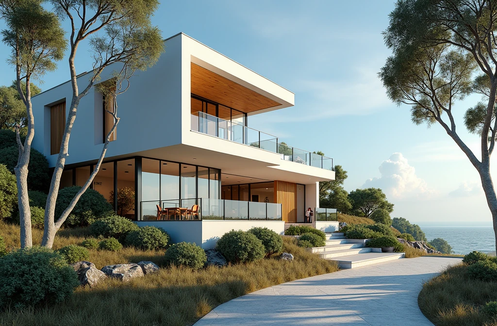 masterpiece, (photorealistic:1.2), best quality, ultra high res, exterior,architechture,modern house,white wall, glass windows,,trees,traffic road,design,trees around, blue sky,in the style of realistic hyper-detailed rendering, 32k uhd, low-angle, composite construction, piles/stacks, innovative page design, daylight,render( Vray:1.1)