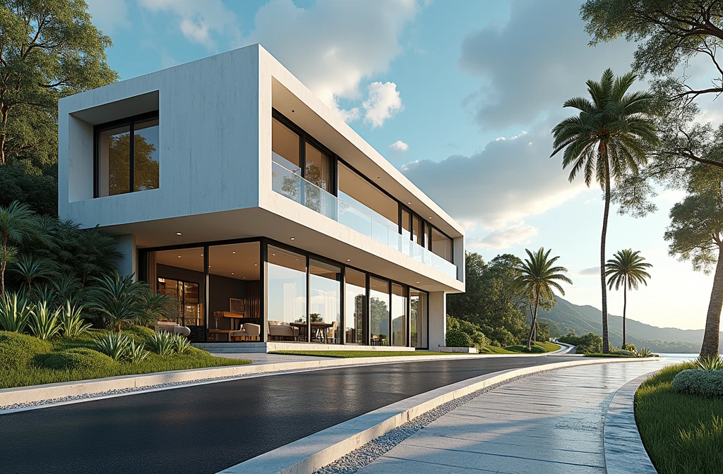 masterpiece, (photorealistic:1.2), best quality, ultra high res, exterior,architechture,modern house,white wall, glass windows,,trees,traffic road,design,trees around, blue sky,in the style of realistic hyper-detailed rendering, 32k uhd, low-angle, composite construction, piles/stacks, innovative page design, daylight,render( Vray:1.1)