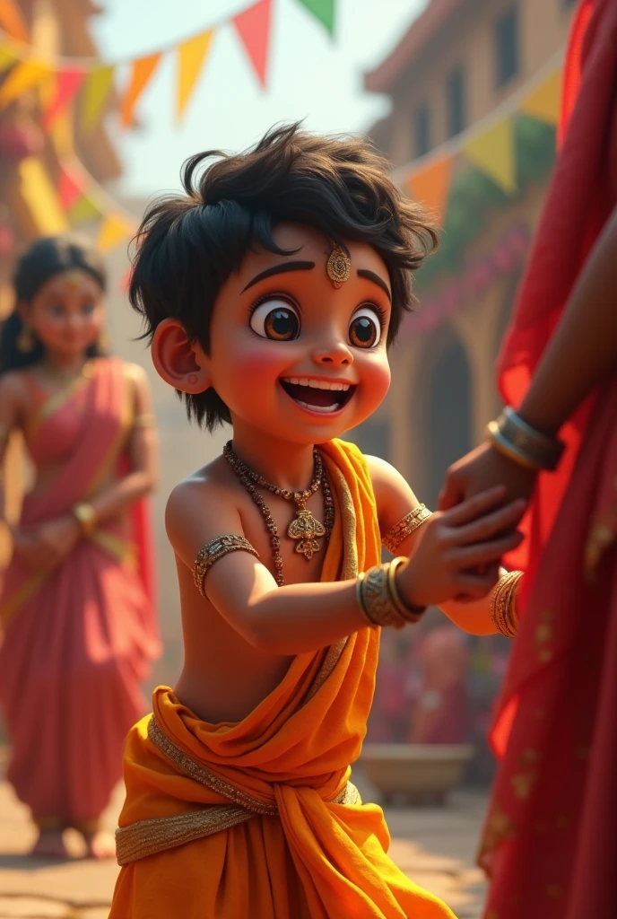 Create incinematic 3d image '• Gopi’s excitement: Gopi excitedly pulling on Yashoda’s sari, asking to join the festivities and expressing his desire to break the Dahi-Handi.
