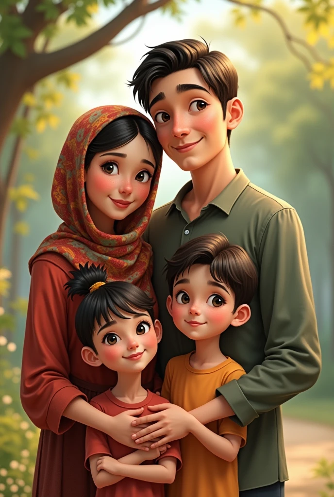 Mother close hair scarf on head handsome father with younger son and daughter