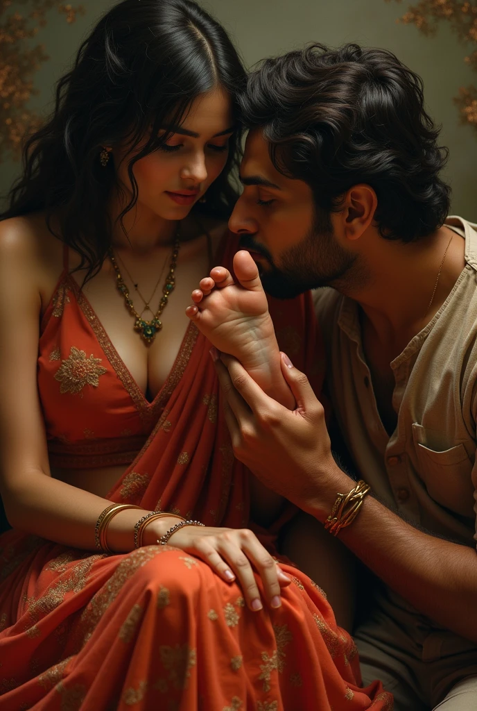 Guy kissing a feet bare sole of a girl wearing saree