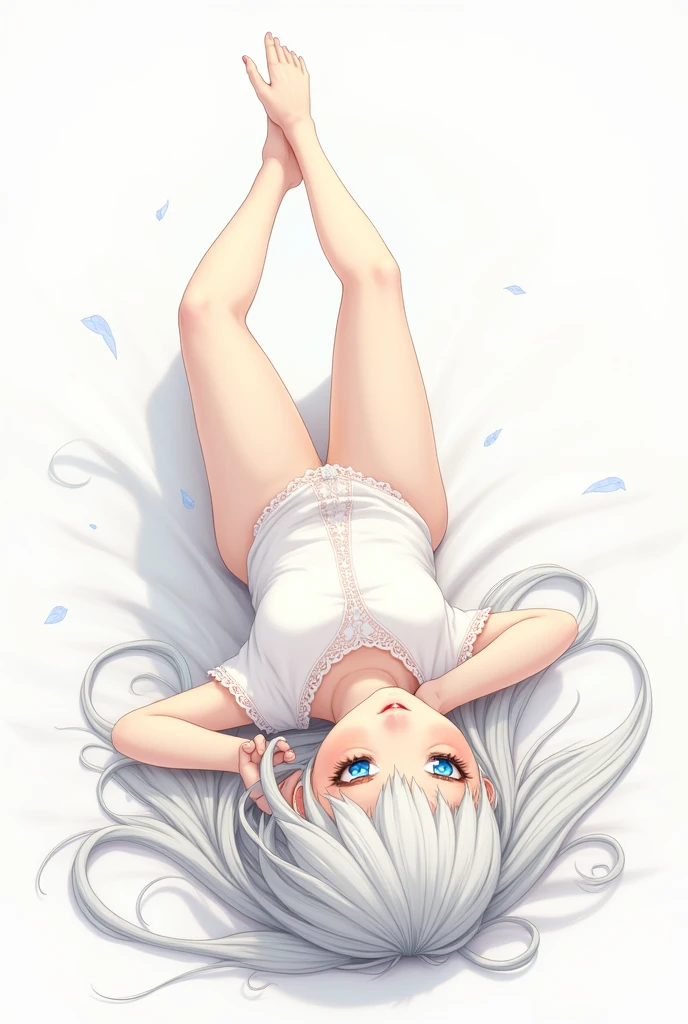Give me a white background image in the style of skullgirls, of a girl lying on her back facing forward as if she were looking at the sky