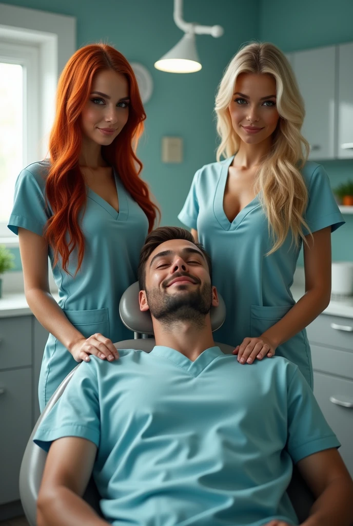 ultra realistic, photography, Point of view of me, I am guy and I am laying relaxed in a dental chair, there are two women in front of me: the left one one with long straight red hair, (30 years old, hourglass figure, perfect body, natural medium breasts), the right one: with long blonde hair, (blue eyes, cat-eye make-up, lucious round lips, 30 years old, gorgeous face, voluptuous figure, perfect fit body, big enhanced breasts), they both have perfect round cleavage, they are standing at the dentists room next to the dental chair, they are dressed as dentist nurses, the two girls are bending down to me to expose their cleavage and they have a seductive look on their faces