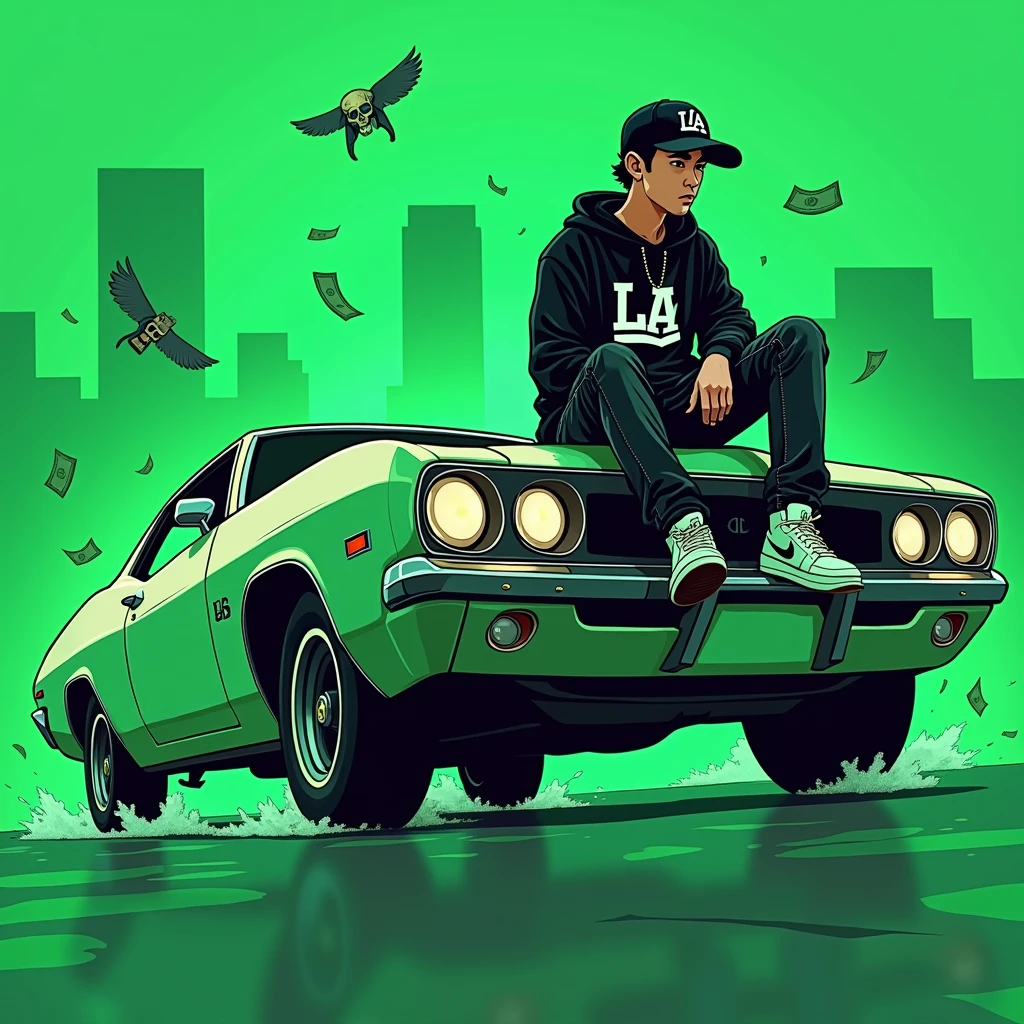 Image of a man sitting on the bonnet of a car, Yoshihiko Wada&#39;s album cover, winner of the behance contest, Doodle, official artwork, rap album cover, hip - hop album art cover, colored album art, hip hop music album cover, rap album cover art, official fanart, GTA Cover, hip hop album cover, album art cover, Cartoon character, oriental boy, Running car, Green background, green tea, Deep pressed black LA ball cap, white nike shoes, Black LA Hoodie, Baggy jeans worn down, black neighborhood, Skull, drug, The city seen from behind, korean, white smoke, Headlight light, Troublemakers, Bad boy, Flying money and pistols