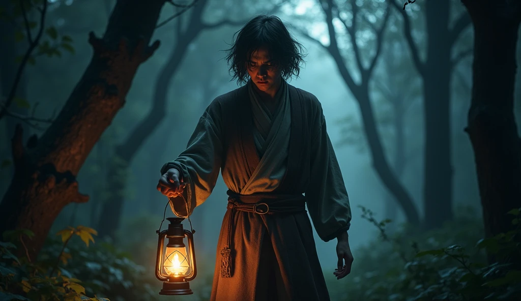 A young scholar in period clothing, visibly distraught, wanders through the forest. He holds a protective amulet in one hand and an ancient lantern in the other, its flickering light barely illuminating the path ahead. His face is etched with fear and exhaustion, while sinister shadows seem to stalk his every step. The forest around him is dense and oppressive, with the feeling that it is watching his every move.