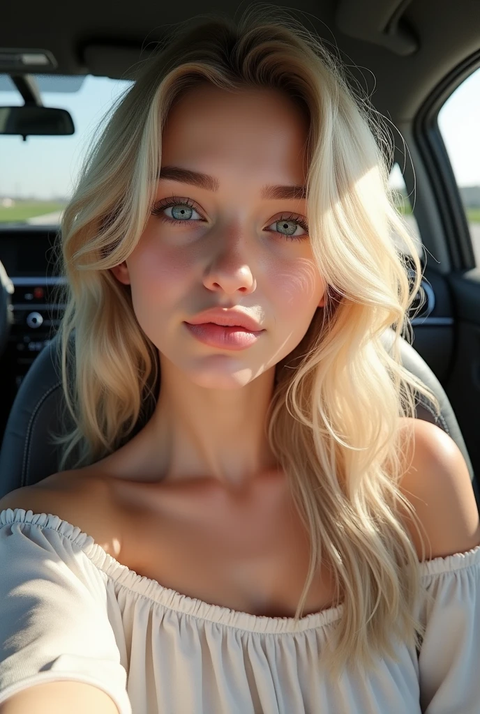 (photorealism:1.2) A beautiful human like blonde white girl with blue eyes in a car taking a selfie making perky lips pose. ,wearing loose off-shoulder top, realistic,
The sit should face the right way
