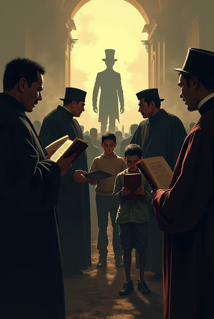 Depict the changes in the Political landscape of the Philippines during Rizal's Time in the 19th Century with his works Noli me Tangere and El Filibusterismo being read by children but opposed by the Catholic Church
Show angry Catholic priests punishing the children for reading Noli Me Tangere and El Filibusterismo
Show Jose Rizal's silhouette from a distance, wearing his iconic three-piece suit, a top hat, as a symbol of the dawn of a new age brought by his writing
Keep that style but show the children protesting and the priests shouting and are angry at the children