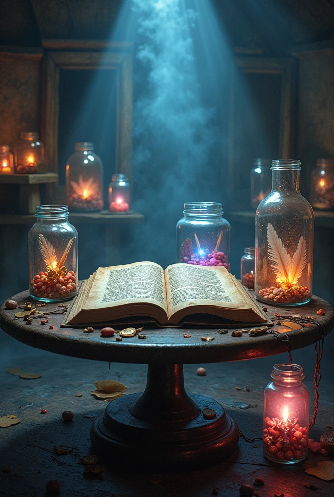 Jars have glowing stones, feathers, and small mechanical gadgets. In the center of the room was a round wooden table with a large, dusty book lying open on it.