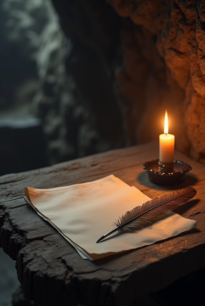 An old piece of paper and an old feather pen are placed on the table, next to a candle, the night scene in the cave. The paper is not rough.
