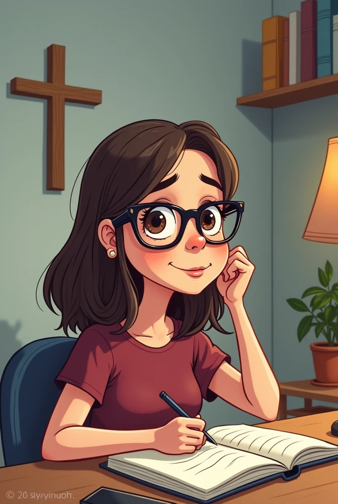  caricature drawing of a young woman student who is studying in her table, with a backgrounr of her room, with a Jesus Christ cross in her wall, obedient and responsible to her parents. wearing a maroon t shirt. hair is medium length with a black eyeglasses