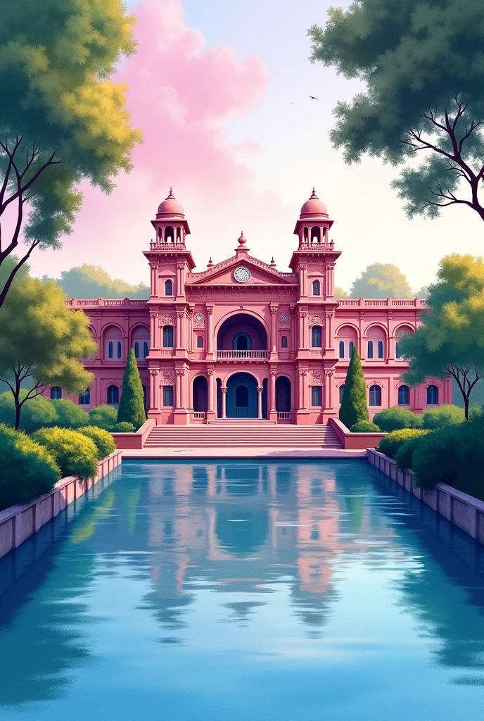 Illustration of institue of medical sciences BHU in pink and blue water colours