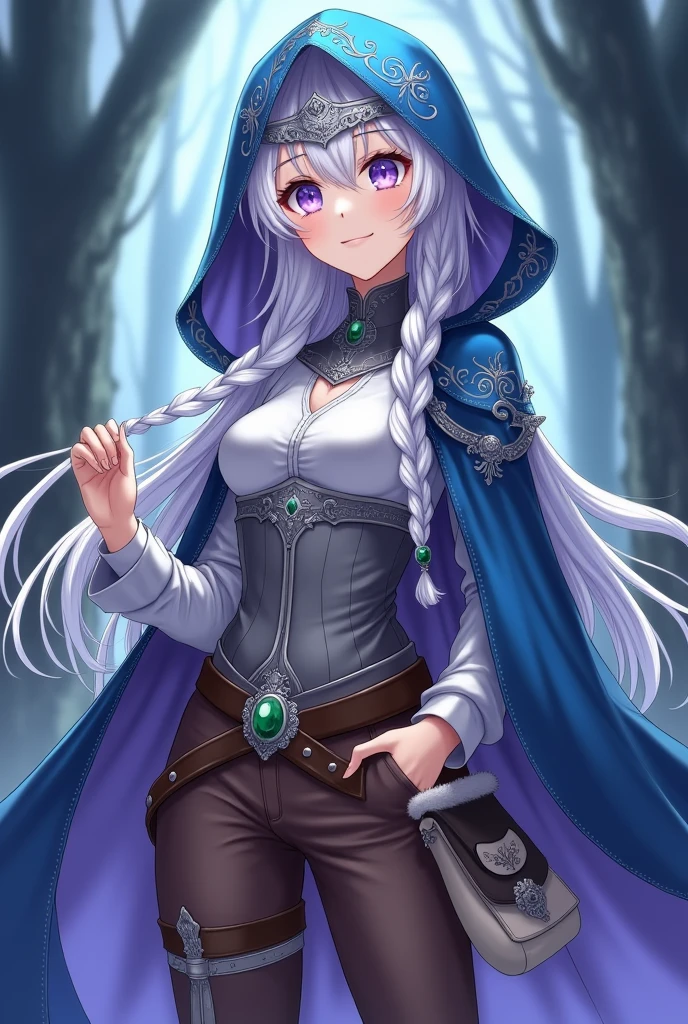 Lavender eyes. Magician Woman, with long braided white hair.  Blue hooded cape decorated with silver embroidery. White blouse, silver breastplate and brown trousers as well as fur-trimmed boots. Silver collar with emerald and silver headband with emerald Brown belt with cream colored bag Anime style 