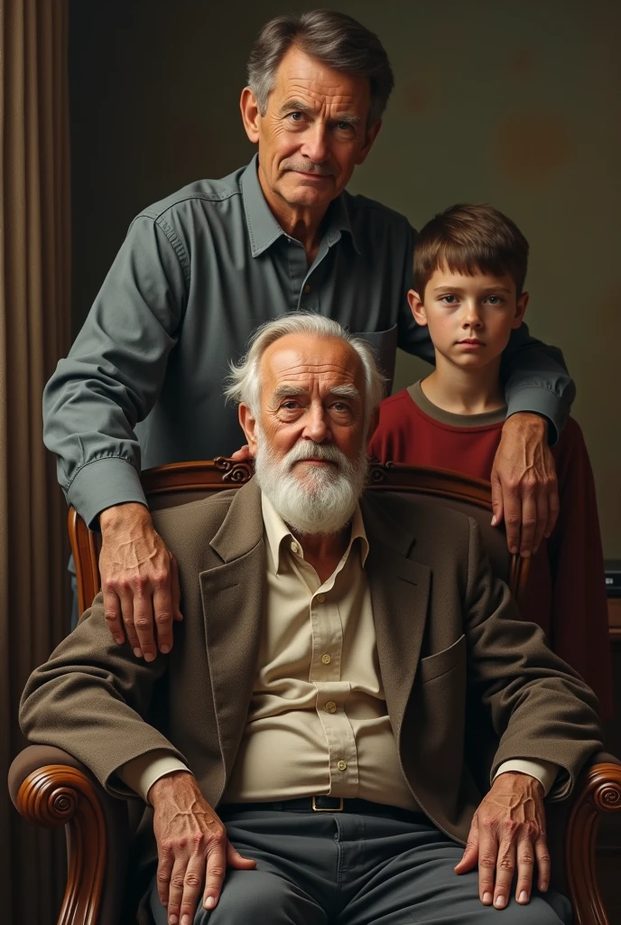 Many paintings of grandfather, father and son in which grandfather is sitting on a chair, grandfather is 7, father is 40 years old and son is 20 years old.