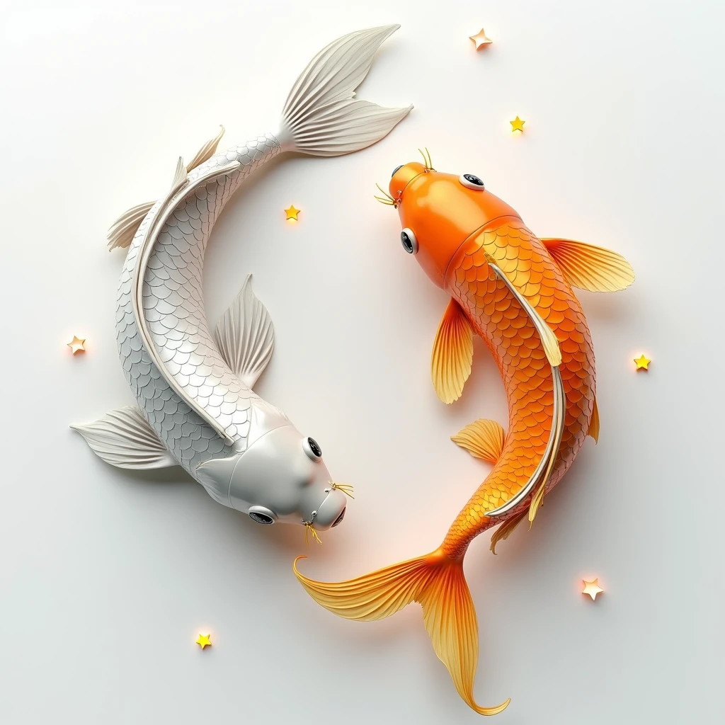 3D illustration of silver koi and gold koi swimming together, white background.Masterpiece, best quality, Twinkling light,Futurism,
