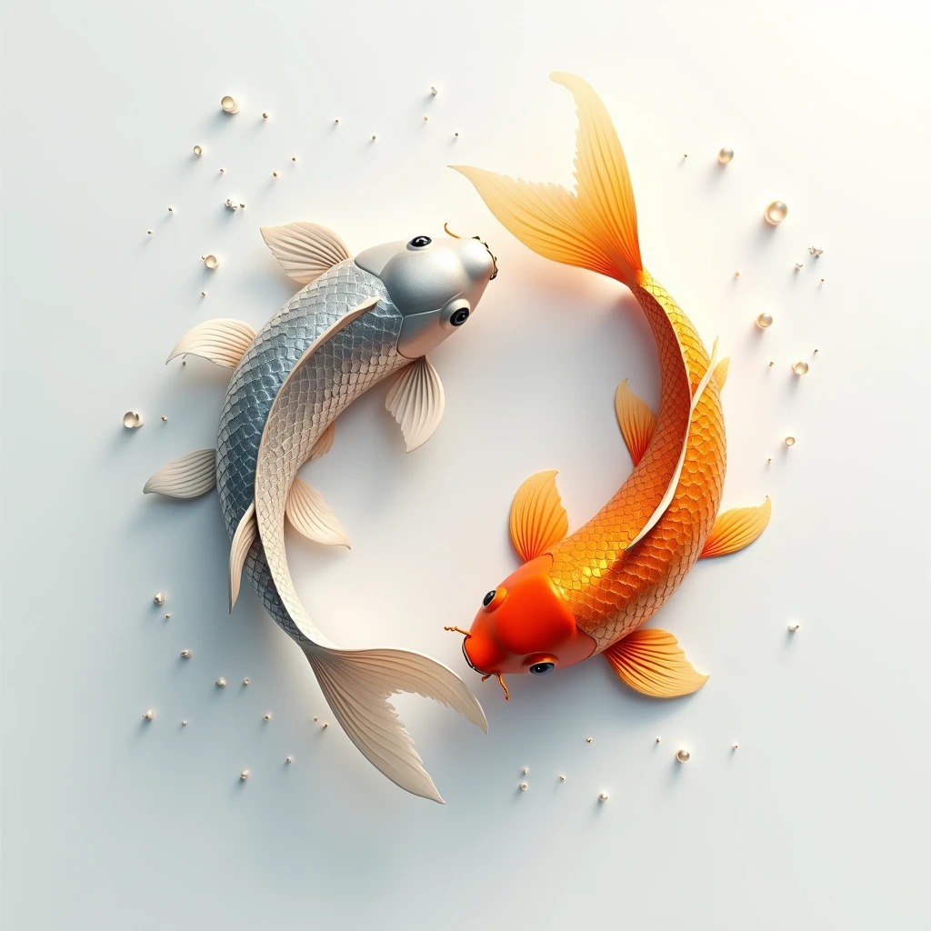 3D illustration of silver koi and gold koi swimming together, white background.Masterpiece, best quality, Twinkling light,Futurism,