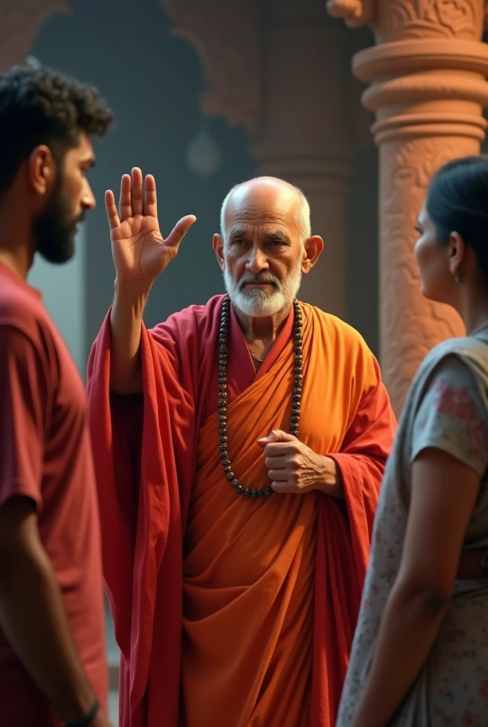 Create an image of an elderly priest in the temple, wearing Indian Hindu traditional priestly red robes. He raises a hand slightly, interrupting the conversation between Veer and Aastha (husband and wife). His expression is patient but firm, indicating his deep religious faith and commitment to the rituals being performed. He was angry on husband and wife. He is wearing hindu mala not plus sign