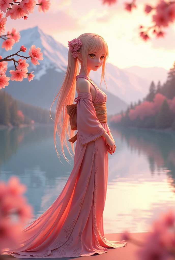 Asuna, masterpiece, Highest quality, detailed, (One person), alone, detailed golden eyes, Long Hair, Are standing, Close to the audience, (detailed kimono), A light smile, Medium chest, (Put your arms behind your back), water, sunset, (hair ornaments), (Cherry blossoms bloom), Lake with snowy mountains in the background,Cute young delicate 3D PVC model, View your viewers, Soft and smooth lighting, Soft pastel colors, 3D icon clay rendering, 120mm lens, 3D Blender Rendering, Trend with poly count, モジュラーCute young delicate 3D PVC model, View your viewers, Soft and smooth lighting, Soft pastel colors, 3D icon clay rendering, 120mm lens, 3D Blender Rendering, Trend with poly count, Modular constructivism 5D vector: 【a: 0.3, c: 0.7, It is: 0.8, I: 0.6, M: 0.9】trick-art Multi-layer structure abstract