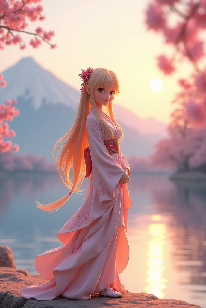 Asuna, masterpiece, Highest quality, detailed, (One person), alone, detailed golden eyes, Long Hair, Are standing, Close to the audience, (detailed kimono), A light smile, Medium chest, (Put your arms behind your back), water, sunset, (hair ornaments), (Cherry blossoms bloom), Lake with snowy mountains in the background,Cute young delicate 3D PVC model, View your viewers, Soft and smooth lighting, Soft pastel colors, 3D icon clay rendering, 120mm lens, 3D Blender Rendering, Trend with poly count, モジュラーCute young delicate 3D PVC model, View your viewers, Soft and smooth lighting, Soft pastel colors, 3D icon clay rendering, 120mm lens, 3D Blender Rendering, Trend with poly count, Modular constructivism 5D vector: 【a: 0.3, c: 0.7, It is: 0.8, I: 0.6, M: 0.9】trick-art Multi-layer structure abstract