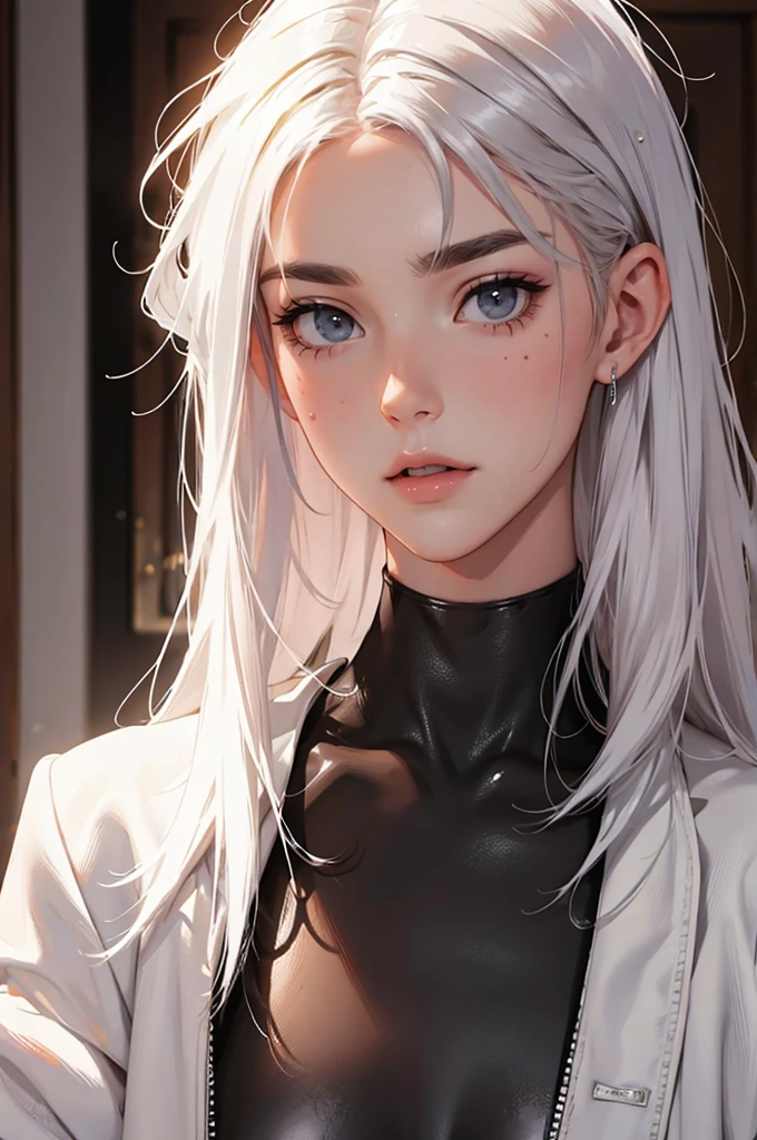 maximum quality, Caucasian skin, real human skin, (detailded), Face oval, pore, ultra high definition, (8k, RAW photograph, photorrealistic: 1.4), a girl, slender, abs, (Kind and Goddess eyes) happiness: 1.2), (Lip gloss, eyelash, bright face, best qualityer, ultra high definition, Ample Lighting, natural shading), white hair, dark makeup, black leather bodysuit
