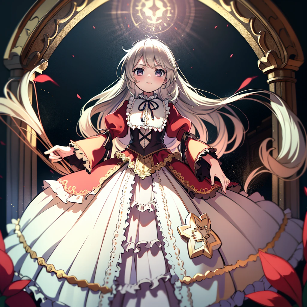 ８Cute Princess, Highest quality, Highest quality, Facial details, mysterious, Red and white medieval gorgeous long dress, Gold and silver embroidery, Panniers, A full body drawing from head to toe, Silver Hair, Ancient Capital, Angle from below,skirt, White tights, I can see her long bloomers.