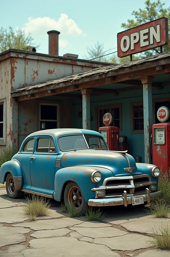 An old blue car at an old gas station 