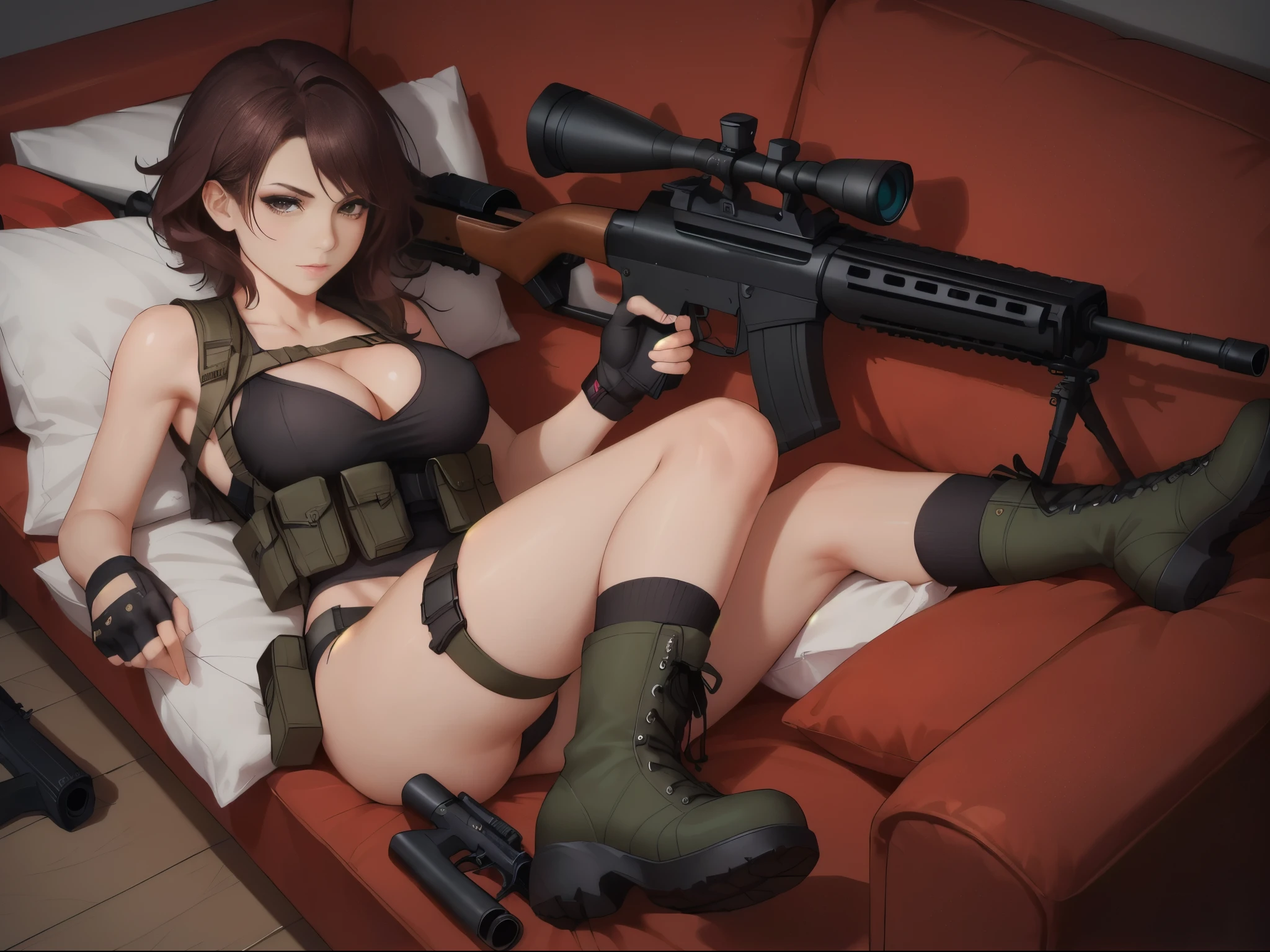 1girl, solo, breasts, looking at viewer, short hair, bangs, large breasts, brown hair, gloves, holding, cleavage, brown eyes, closed mouth, underwear, panties, full body, weapon, boots, lying, black gloves, socks, indoors, on back, fingerless gloves, holding weapon, lips, gun, pillow, black panties, thigh strap, tank top, black socks, holding gun, couch, rifle, cross-laced footwear, pouch, lace-up boots, assault rifle, holster, sniper rifle, green footwear, thigh holster, combat boots