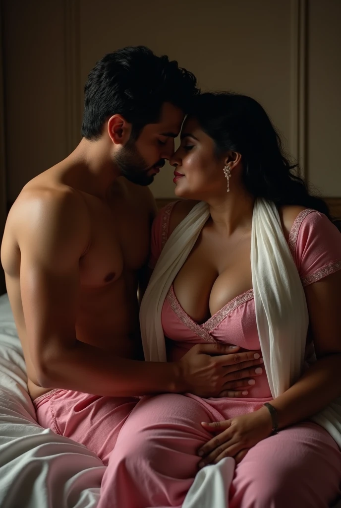 Photo of a Voluptuous Mature Indian Aunty, wearing tight Pink Kurti and White Stole tied around her neck, Wide U Cut cleavage, Showing huge cleavage, sitting on bed, turning her head and kissing a shirtless and slim Young Man touching aunty's Breasts Sensually, Dim light in the room.