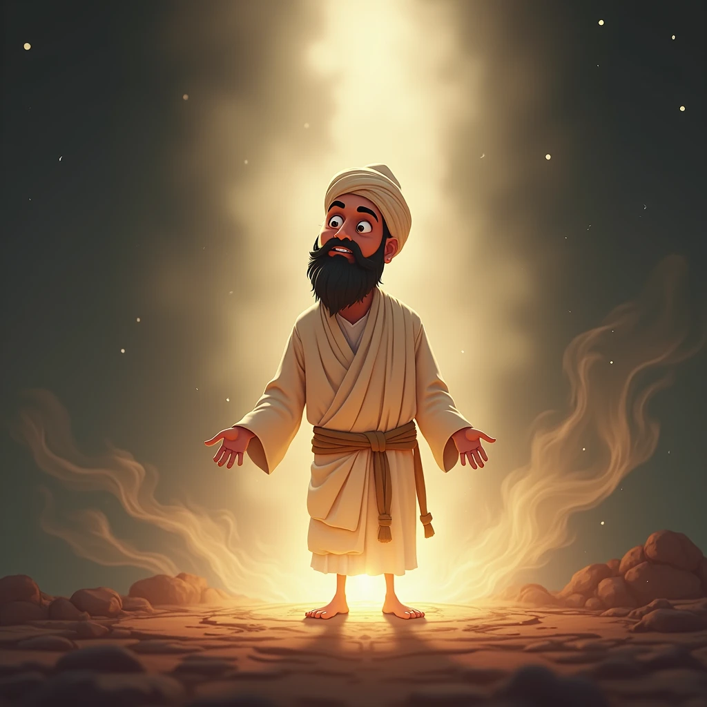 In cinematic 3D cartoon style "Go for a traditional, somewhat mystical art style that reflects the spiritual and historical essence of the story. The colors should be muted with highlights on Kabir Sahib and the divine light.