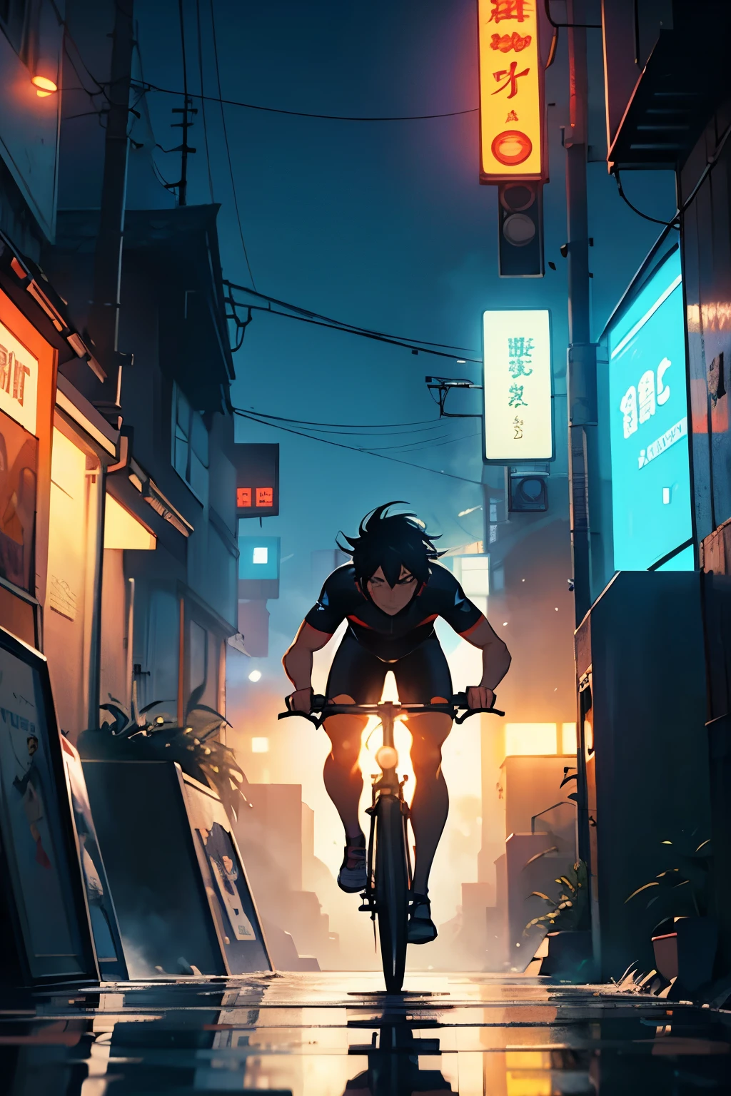 Stylized anime illustration of a tired cyclist pushing a bicycle uphill, sweat dripping, determined expression, cinematic lights, dramatic scene, dynamic background with city streets