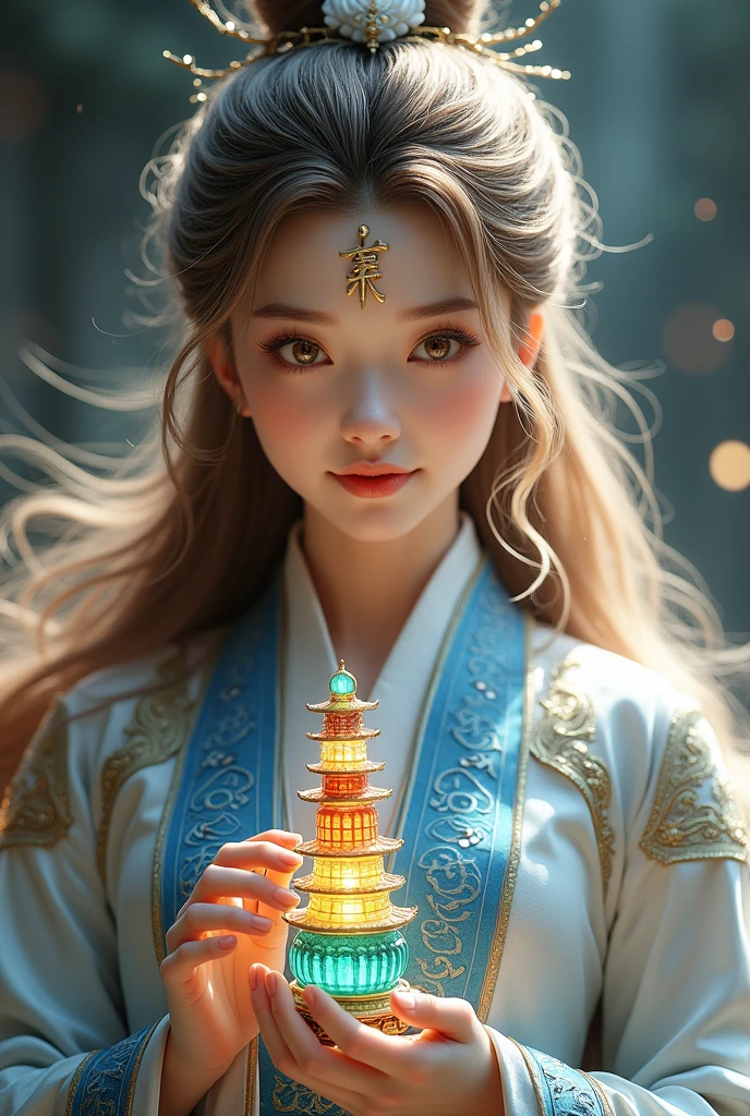 Most beautiful xianxia female protagonist,light brown dominant and silver strand long hair ,golden amber eyes,use majestic garmen with blue fillamen,silver pattern clothes,face detailed,lips detailed,thin red lips,golden rune scratch at fore head, and held 9 floor glasses pagoda ,nine colour glasir pagoda,9 floor detailed,forehead detailed,better quality, masterpiece,24K ultra hd,super beautiful detail,goddess featuring