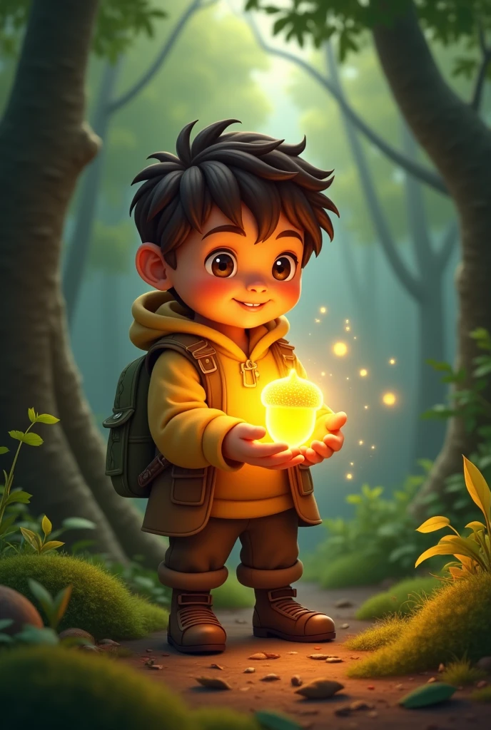 Sammy holding the golden acorn as it starts to emit a soft, magical glow, lighting up the path around him