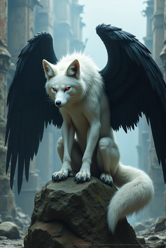 A beastman, a white fox with red eyes, sits on a stone, against the background of a ruined city, with a lowered face, behind his back he has large black raven wings, a dark aura hovers around him