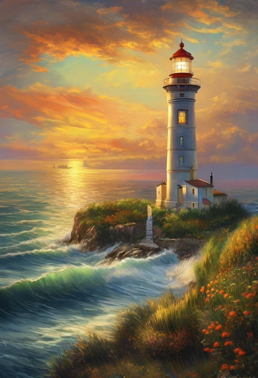 lighthouse, view from the sea,lighthouse виден с лодки,landscape,the boundary between day and night,свет lighthouseа,feeling of security,rendering,Monet's painting style,masterpiece,oil painting,Small parts,complex parts