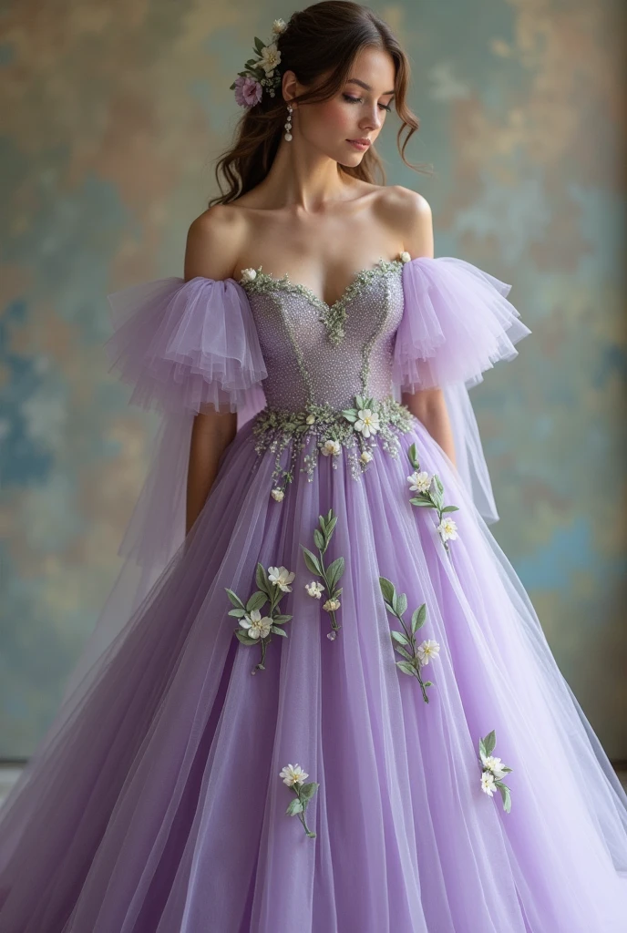 A dusty purple tulle wedding dress with glitter and sage green accents like flowers and leaves with long tulle sleeves that are slightly poofy