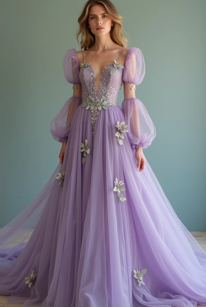 A dusty purple tulle wedding dress with glitter and sage green accents like flowers and leaves with long tulle sleeves that are slightly poofy