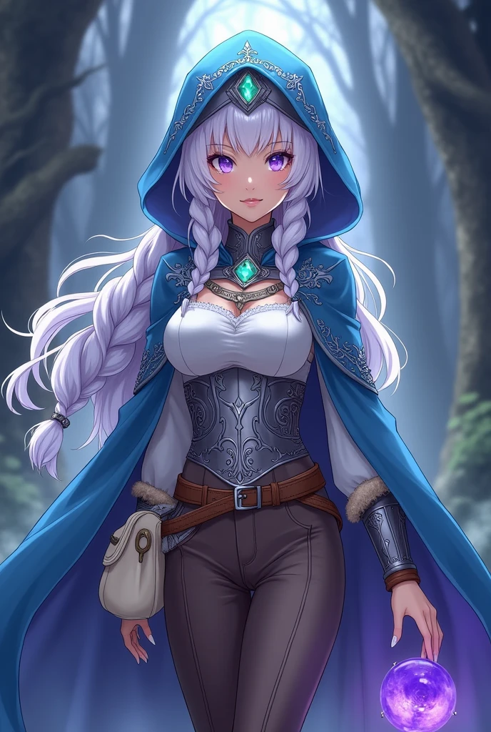 Lavender eyes. Magician Woman, with long braided white hair.  Blue hooded cape decorated with silver embroidery. White blouse, silver breastplate and brown trousers as well as fur-trimmed boots. Silver collar with emerald and silver headband with emerald Brown belt with cream colored bag Anime style 