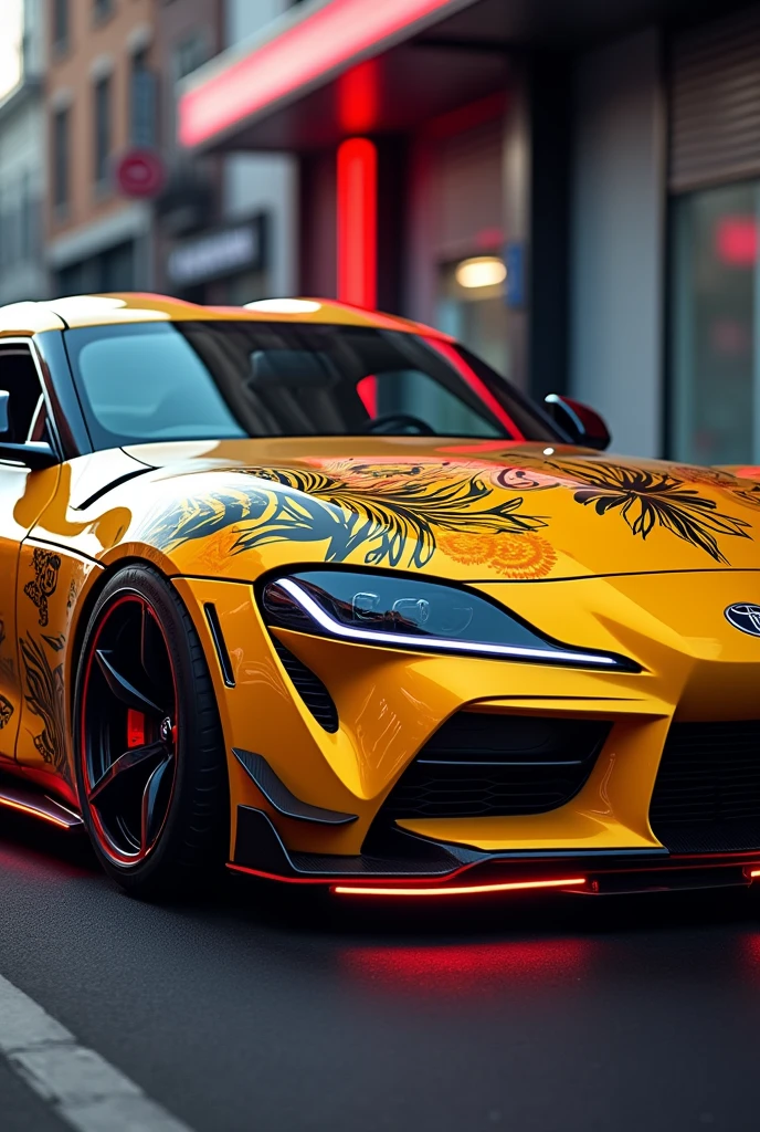 Supra mk5 with crazy stickers
in yallow color with red neon lights with a bmw car