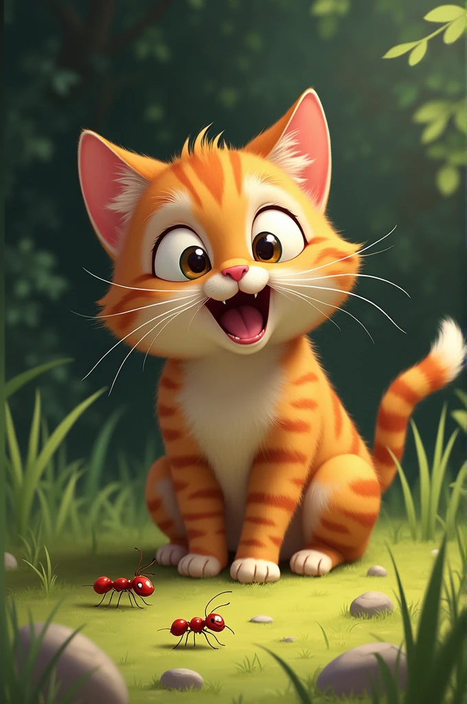 The cat laughed at the red ant sitting 