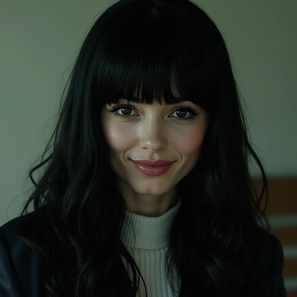 High resolution, High-resolution model, Long Hair, Black Hair, Bangs, Smiling suspiciously, Close your mouth, Simple Background, movie, realism,