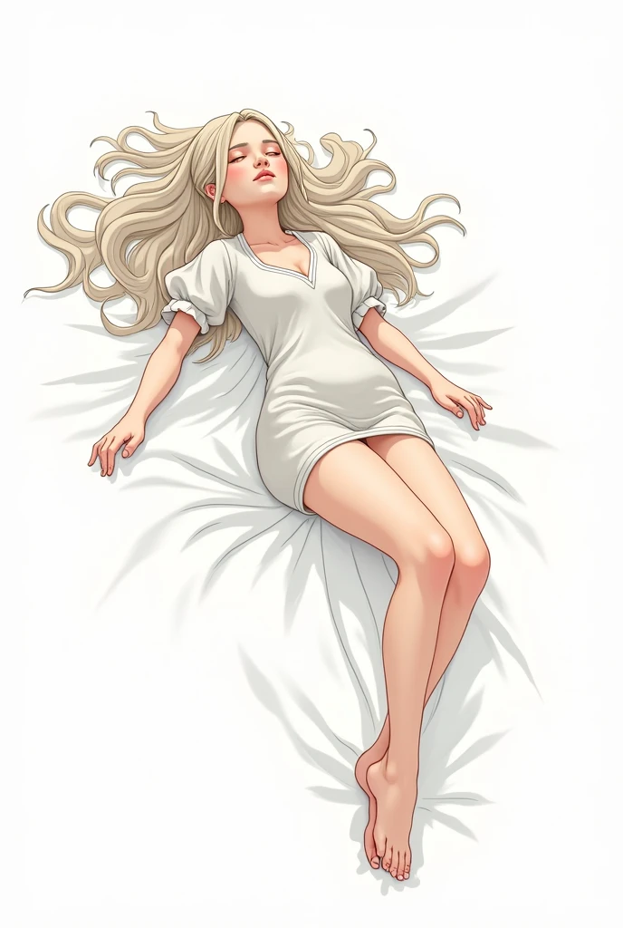 Give me a white background image in the style of the skullgirls game, of a girl lying on her back facing forward as if she were looking at the sky