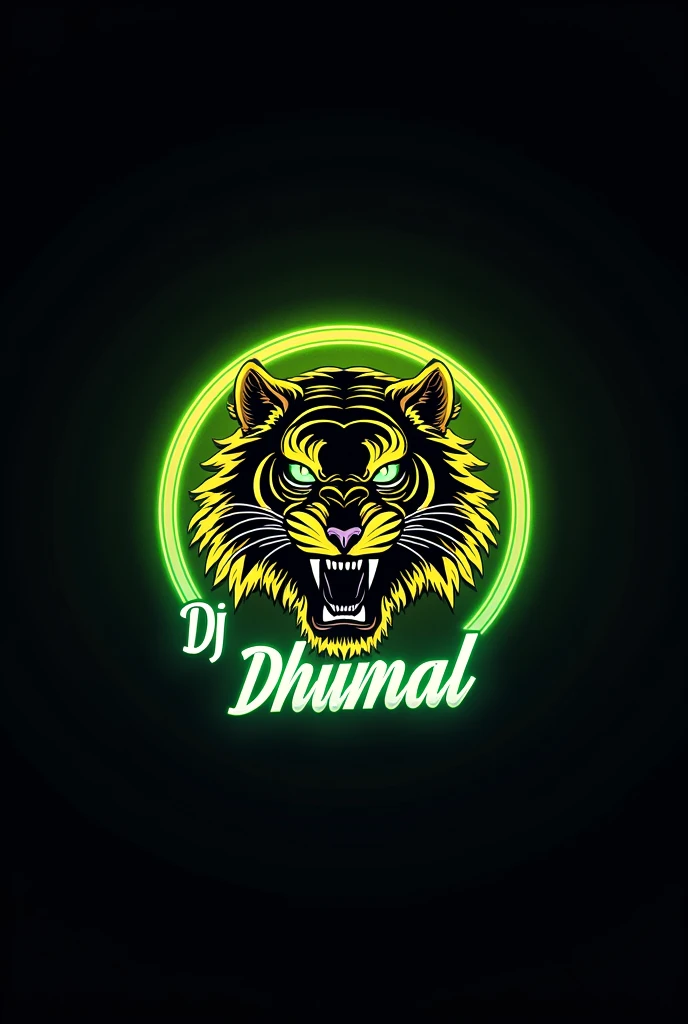 Create a Circle Logo tiger face degine For Instagram Hindi and English Fonts name NS DJ DHUMAL With Yellow and Green Neon Light
