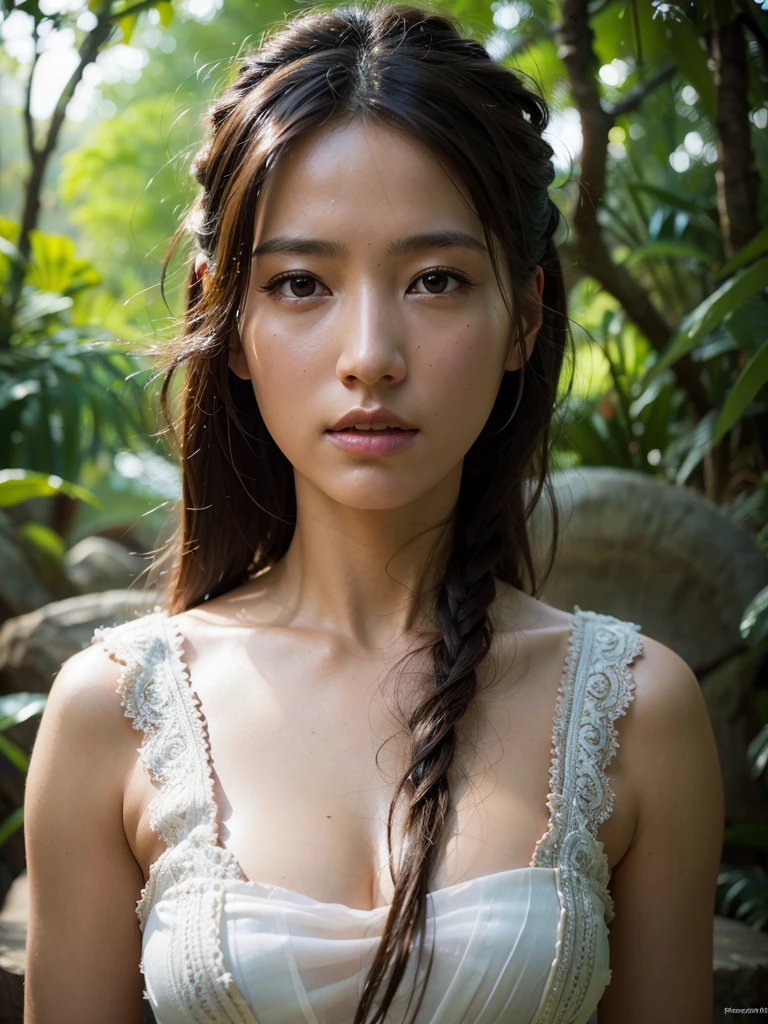 Photo, 8k portrait of a beautiful Mayan woman , brownish skin ,with brown hair, translucent white dress,Photografía digital intrincada, elegant, very detailed, majestic, arte de artgerm y ruan jia y greg rutkowski pintura surrealist  obra maestra, side lighting, beautiful finely detailed eyes:  1.2, HdR, realist, High Definition. fantastic art 