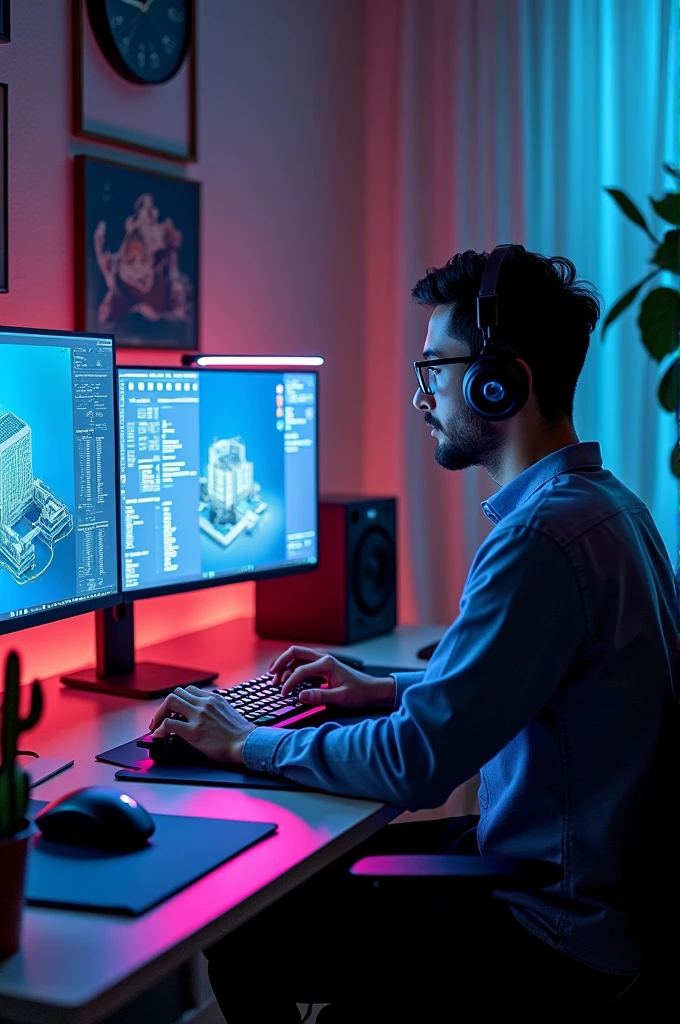 I am sitting in a beautiful office, on my desk there are two 27 monitors, one with Revit software, one with Lira Sapr software, on the table there is an RGB keyboard, an RGB mouse, and a cactus cover.
