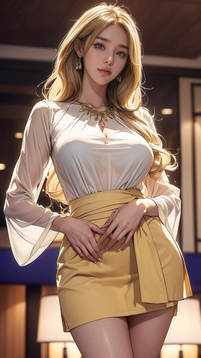 ((最high quality, 8k, masterpiece: 1.3, Ultra HD, high quality, 最high quality, High resolution, realism)) 、Two beautiful white women、Hair Color: Blonde、Blue Idium Hair、Straight hair、smile、A slim but well-proportioned muscular body,((Super long blonde hair_reaching down to her west:1.7)),((Hair with loose waves inside:1.3)),((gold necklace_Large earrings:1.2)),((shy smile:1.4)),((mideum breasts:1.3)) ,((left hand on waist_right hand on groin:1.7)) ((Hotel reception background, Blurred Background:1.4)),((wearing Floral blouse_long see-through sleeves,blue flared mini skirt:1.3))、