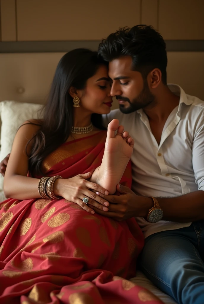 Guy kissing a feet arched sole of a girl wearing saree on bef